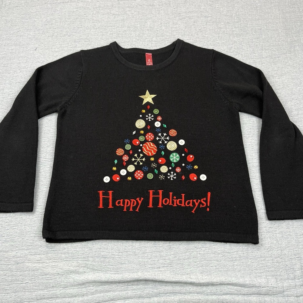 Black Holiday Happy Holidays Christmas‎ Tree Knit Ugly Sweater Women's Large